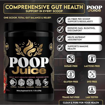 Poop Juice 5-in-1 Prebiotic, Probiotic, Postbiotic, Digestive Enzymes & Glutamine Supplement Powder - Bloat Relief, Gut & Immune Support - Sugar & Lactose-Free - 30 Servings (Strawberry Lemonade)