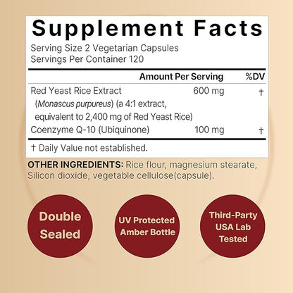 Red Yeast Rice 2,400mg with CoQ10, 240 Veggie Capsules (1,200mg Per Capsule) | Advanced Heart Health Herbal Supplement – Antioxidant Support for Energy & Heart Health – Non-GMO