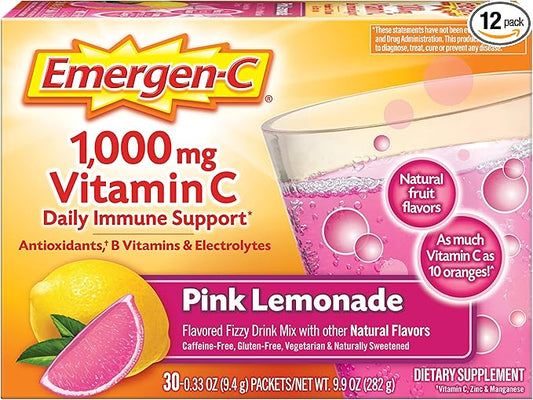 Emergen-C 1000mg Vitamin C Powder, with Antioxidants, B Vitamins and Electrolytes, Immunity Supplements for Immune Support, Caffeine Free Fizzy Drink Mix, Pink Lemonade Flavor - 30 Count (Pack of 12)