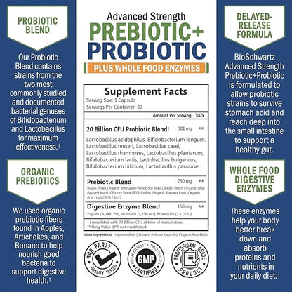 BioSchwartz Prebiotics and Probiotics for Men & Women, Gut Health with Lactobacillus Reuteri, Inulin Prebiotic Fiber, Digestive Enzymes, Non-GMO, Gluten-Free, Dairy-Free, Shelf-Stable, 30 CT
