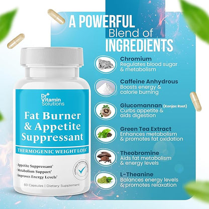DR VITAMIN SOLUTIONS Fat Burner for Women & Men - Appetite Suppressant for Weight Loss - Pills w/Metabolism Booster Thermogenic Weight Loss Supplement - Includes Chromium & Green Tea Extract - 60 Ct.