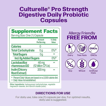 Culturelle Pro Strength Daily Probiotics For Digestive Health (2 Month Supply) with Prebiotics for Women & Men, Supports Occasional Diarrhea, Gas & Bloating, Gluten & Soy Free, 60 Count