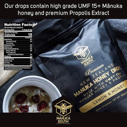 Manuka Honey Drops UMF 15+ / MGO 514+ & Propolis Drops Made in New Zealand – Natural Ingredients – Soothing Drops – Lemon & Honey Flavor - 25 Drops