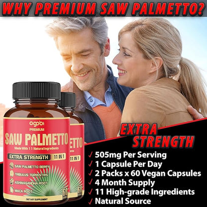 2 Packs 60 Counts 4 Months - Saw Palmetto Capsules 5300 mg - 11in1 with Ashwagandha, Turmeric, Tribulus, Maca, Green Tea, Holy Basil & More - Extract for Prostate, Skin & Immune Support