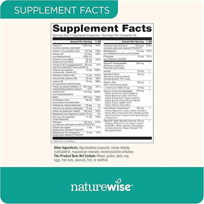 NatureWise Multivitamin for Women + Stress Support with Organic Whole Foods & Natural Minerals - B-Complex + Vitamin C + D3 K2 for Immunity, Hair, Skin & Nails - Non-GMO - 60 Capsules[30-Day Supply]