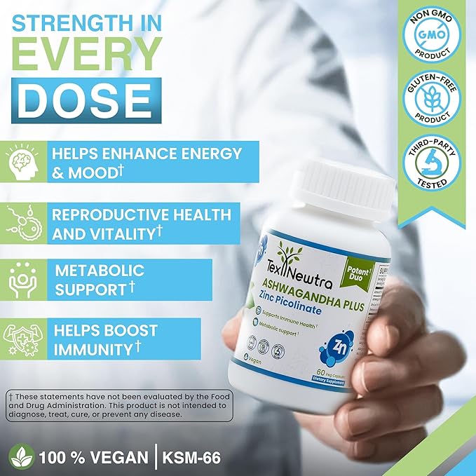 Ashwagandha & Zinc Picolinate Supplement - 300mg Ashwagandha Root Extract & 15mg Zinc per Capsule - 60 Capsules