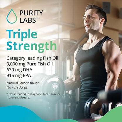 Purity Labs Omega 3 Fish Oil 3000mg – DHA & EPA Omega 3 Fatty Acid Supplements to Support Heart and Brain Health - Immune Support Supplement - 180 Softgels (60 Servings)