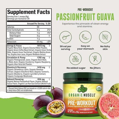 USDA Organic Pre-Workout Powder, Passionfruit Guava | Clean Energy Without Jitters | Natural Performance Boost | No Artificial Sweeteners | 20 Superfoods | Low Caffeine, 20 Servings