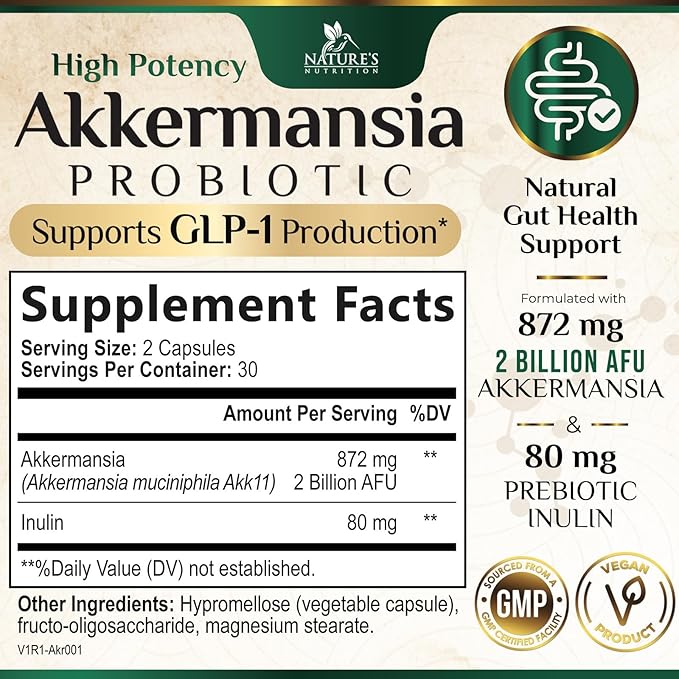 GLP-1 Akkermansia Probiotic Supplement for Women & Men, Akkermansia Muciniphila GLP 1 Probiotics with Prebiotic, 2 Billion AFU, Natural Digestive, Gut Health, & GLP 1 Production Support, 60 Capsules