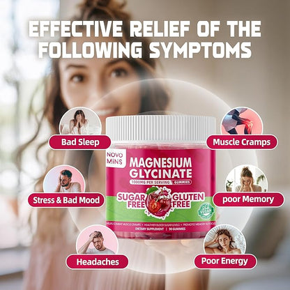 90 CT Magnesium Glycinate Gummies 1000mg - Sugar Free Magnesium Potassium Supplement with Vitamin D, B6, CoQ10 for Calm Mood & Sleep Support - 90 Cherry Gummies.