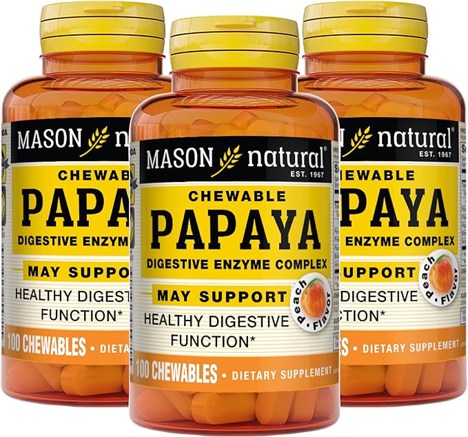 Mason Natural Papaya Digestive Enzyme Complex, Healthy Digestive Function, Promotes Nutrient Absorption, Peach Flavor, 100 Chewables (Pack of 3)