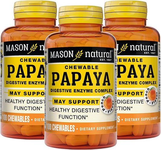 Mason Natural Papaya Digestive Enzyme Complex, Healthy Digestive Function, Promotes Nutrient Absorption, Peach Flavor, 100 Chewables (Pack of 3)