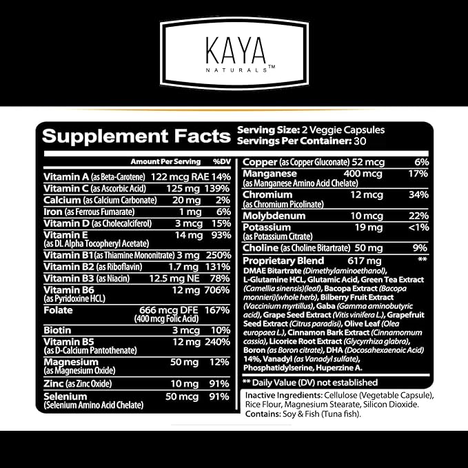 Kaya Naturals - Neuro Brain for Memory & Focus - Nootropic Energy Capsule - Nootropic Brain Support Supplement - Focus & Concentration & Learning Accuracy - Cognitive Function - 60 Count
