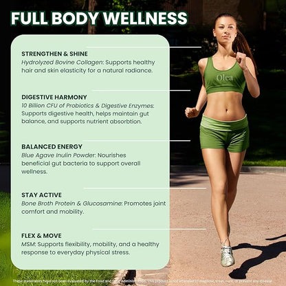 Olea Advanced Collagen & Bone Broth Powder, 10g Hydrolyzed Collagen, 5g Bone Broth, Hyaluronic Acid, MSM, Probiotics, Enzymes – Supports Skin, Hair, Nails, Joints & Gut Health, Rich Chocolate