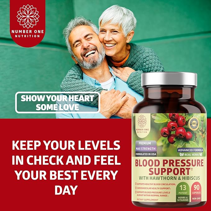 N1N Premium Blood Pressure Support with Hawthorn and Hibiscus [13 Potent Ingredients], Natural Supplement to Support Blood Flow Health, 90 Caps