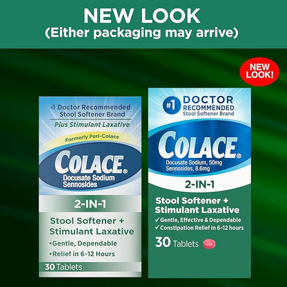 Colace 2-In-1 Stool Softener & Stimulant Laxative Tablets, Gentle Constipation Relief in 6-12 Hours, 30 Count