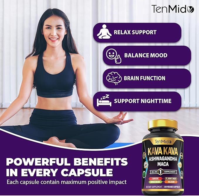 Kava Kava Root Supplement - 8in1 Formula - Combine with Ashwagandha, Maca, Turmeric, Ginkgo Biloba, St. John's Wort, Valerian & Black Pepper - 120 Vegan Capsules, 4 Months Supply