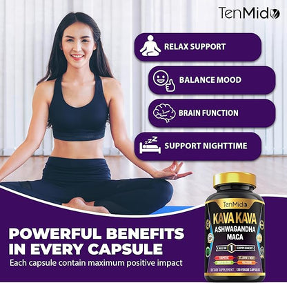 Kava Kava Root Supplement - 8in1 Formula - Combine with Ashwagandha, Maca, Turmeric, Ginkgo Biloba, St. John's Wort, Valerian & Black Pepper - 120 Vegan Capsules, 4 Months Supply