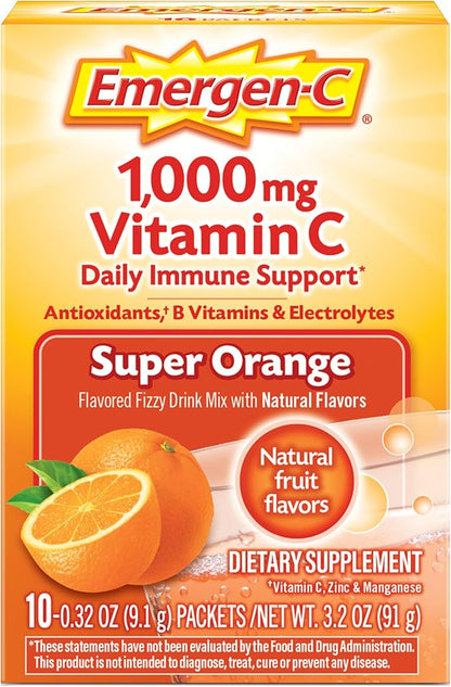Emergen-C 1000mg Vitamin C Powder for Daily Immune Support Caffeine Free Vitamin C Supplements with Zinc and Manganese, B Vitamins and Electrolytes, Super Orange Flavor - 10 Count