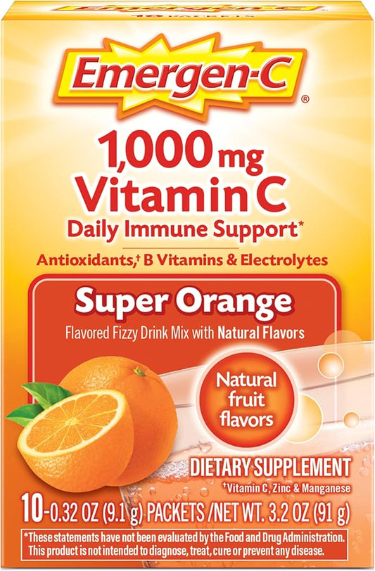 Emergen-C 1000mg Vitamin C Powder for Daily Immune Support Caffeine Free Vitamin C Supplements with Zinc and Manganese, B Vitamins and Electrolytes, Super Orange Flavor - 10 Count