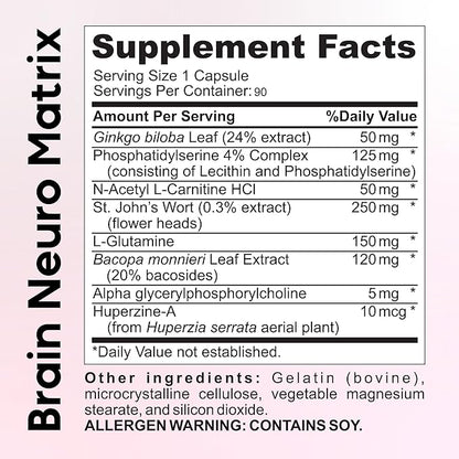 Nootropic Vitamin Brain Matrix- Ginkgo Biloba, Huperzine A, Bacopa Monnieri, L-Carnitine, Phosphatidylserine - Memory, Focus & Aging Support - 90 Tablets 3 Months' Supply. Decaffeinated