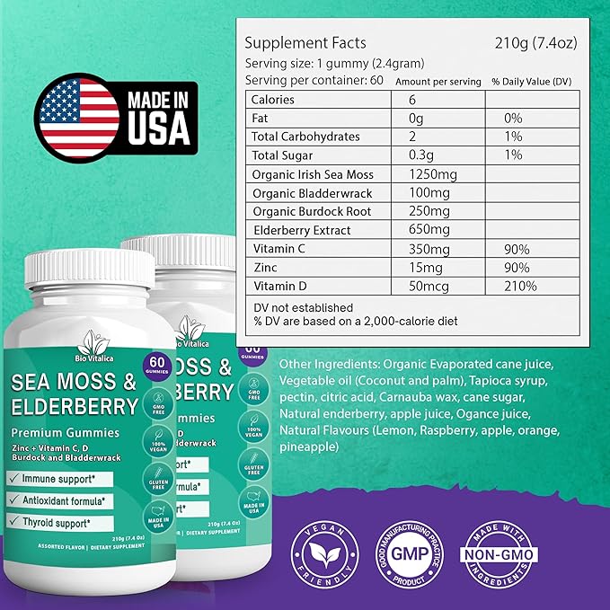 BIO VITALICA (Bundle) Sea Moss Elderberry (2 Packs) & Sea Moss Elderberry Gummies (1 Packs) BioVitalica