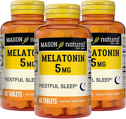 MASON NATURAL Melatonin 5 mg with B6 & Calcium, Natural Sleep Aid, Supports Restful Sleep, 60 Tablets, Pack of 3