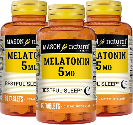 MASON NATURAL Melatonin 5 mg with B6 & Calcium, Natural Sleep Aid, Supports Restful Sleep, 60 Tablets, Pack of 3