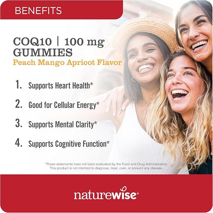 NatureWise CoQ10 Gummies 100mg - Peach Mango Flavor - Supplement for Heart Health & Antioxidant Activity - Pectin-Based, Vegan, Soy and Gluten Free, Non-GMO - 180 Count[3-Month Supply]