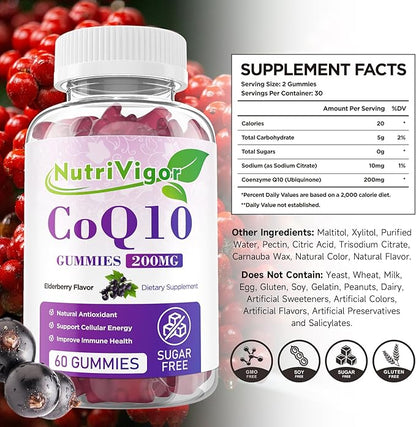 CoQ10 Gummies, Coenzyme Q10 Supplement 200mg, High Absorption CoQ10 Supplement for Cellular Energy and Immune Health, Vegan, Gluten Free, Elderberry Flavor, 60 Count