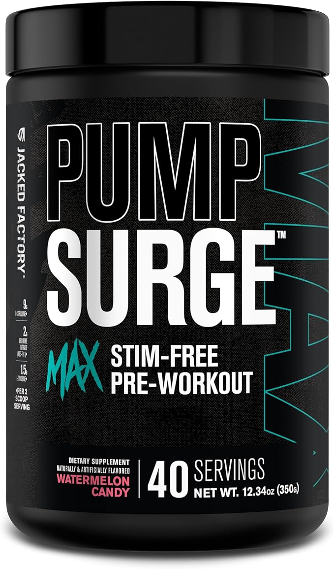 Jacked Factory Pumpsurge Max Stim Free Pre Workout - High-Performance Caffeine Free Pre Workout with L-Citrulline, N03-T Arginine Nitrate & Glutathione - 40 Servings, Watermelon Candy