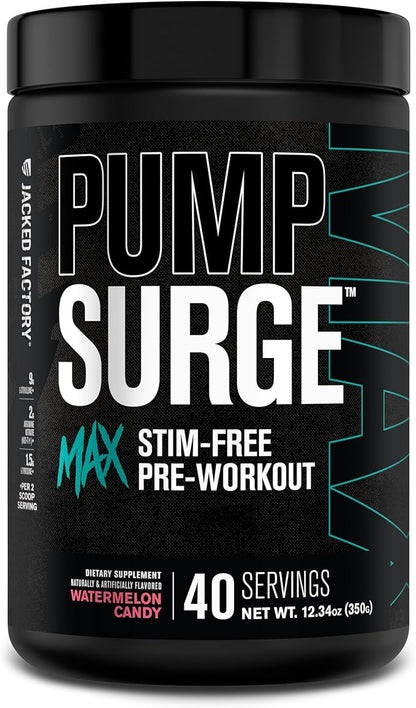 Jacked Factory Pumpsurge Max Stim Free Pre Workout - High-Performance Caffeine Free Pre Workout with L-Citrulline, N03-T Arginine Nitrate & Glutathione - 40 Servings, Watermelon Candy