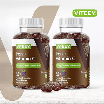 VITEEY Iron Gummies 20mg + Vitamin C 26mg for Iron Deficiency and Anemia, Supports Energy, Blood Cell Formulation, Blood Builder, Vegan Supplements, Gluten Gelatin and GMO Free, Chewable Grape Chews