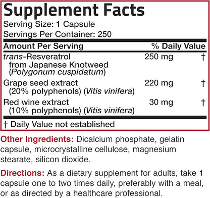 Bronson Resveratrol 500 Complex Standardized Trans-Resveratrol + Grape Seed & Red Wine Extract, 250 Capsules