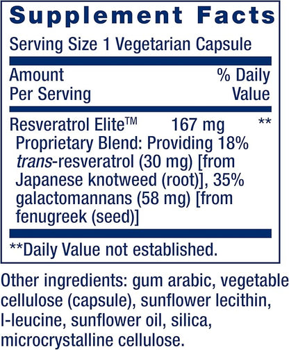 Life Extension Resveratrol Elite, Trans-resveratrol, Healthy Aging, Cardiovascular Health, Brain Health, oxidative Stress, Gluten-Free, Non-GMO, Vegetarian, 30 Capsules