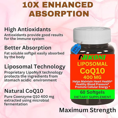 Liposomal CoQ10 400 mg, Higher Absorption, Supports Heart, Brain & Energy (60 Softgels)