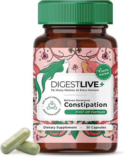 DigestLive Post-Op Constipation Relief Laxative for Women Post Surgery, 30 Capsules,100% Herbal Stool Softener, Female Gentle Colon Cleanse Detox, Bloating & Gas, Fast-Acting, Vegan, Gluten & GMO-Free