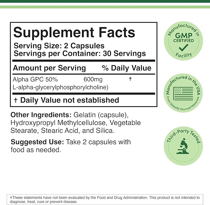 Alpha GPC Choline Capsules - 60 Count, 600mg Servings – Brain Support Aid that Supports Focus, Memory, Motivation, and Energy - (Made in the USA) Brain Support Supplement by Double Wood Supplements
