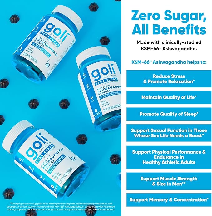 Goli Zero Sugar Ashwagandha & Vitamin D, Maca, L-Theanine Gummies, No Artificial Sweeteners, No Sugar Alcohols. Mixed Berry, KSM-66, Vegan, Plant Based, Non-GMO, Gluten-Free & Gelatin Free. (3)