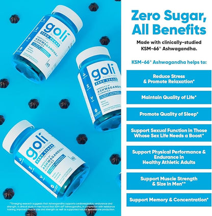 Goli Zero Sugar Ashwagandha & Vitamin D, Maca, L-Theanine Gummies, No Artificial Sweeteners, No Sugar Alcohols. Mixed Berry, KSM-66, Vegan, Plant Based, Non-GMO, Gluten-Free & Gelatin Free. (3)