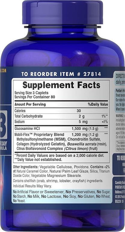 Puritan's Pride Glucosamine Chondroitin MSM Dietary Supplement for Joint Health, 240 Coated Tablets