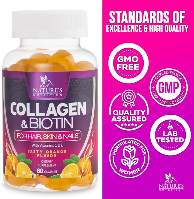 Collagen Gummies with 2500mcg Biotin, Vitamin C & Zinc - Hydrolyzed Collagen Peptide Type 1 & 3 Supplement - Advanced Hair, Skin & Nail Growth Support for Women & Men, Gluten Free, Non-GMO - 60 Count