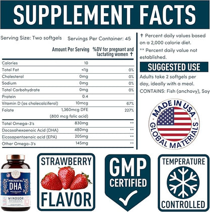 Prenatal DHA and Folic Acid - 830mg Omega-3 (DHA + EPA Fish Oil), 800mcg Folic Acid - High-Potency Prenatal Vitamins for Women - Supports Fetal Development & Baby’s Brain - 90 Strawberry Softgels