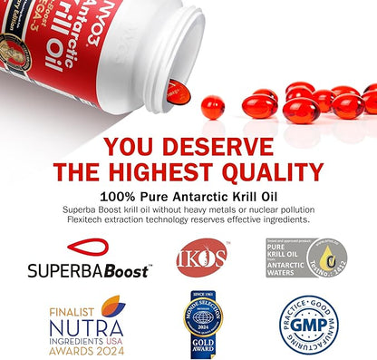 Krill Oil Omega 3 Supplement 1000mg 60 Softgels EPA & DHA, Pure Antarctic Krill Oil with Astaxanthin and 56% Phospholipids Third Party Tested