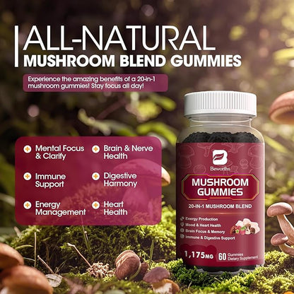 Super Mushroom Complex Gummies, 20-IN-1 Lion's Mane Supplement Gummies - Mushroom Supplement with Cordyceps, Reishi etc, Support for Brain Health, Focus & Clarity, Non-GMO,Raspberry Flavor,60 Gummies