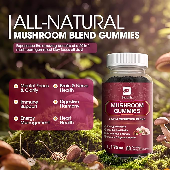 (2 Pack Mushroom Complex Gummies with Lions Mane, 20-in-1 Comprehensive Mushroom Supplement for Brain Health, Focus & Clarity, Vegan, Non-GMO, Raspberry Flavor, 120 Gummies