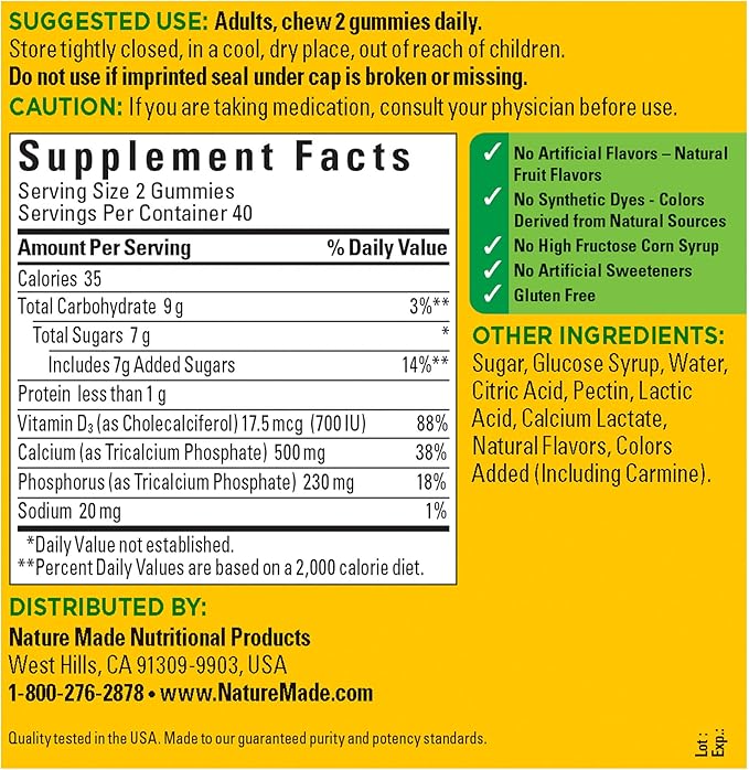 Nature Made Calcium Gummies 500 mg Per Serving with Vitamin D3, Dietary Supplement for Bone Support, 80 Gummies, 40 Day Supply