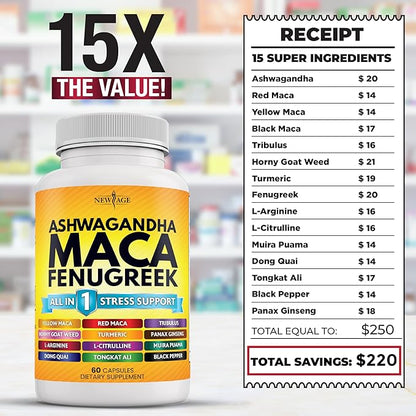 NEW AGE Ashwagandha Maca Root Fenugreek Supplement with Tongkat Ali Ginseng - Assists with Overall Health - Made in USA - 120 Count