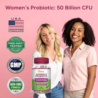 aSquared Nutrition Probiotics for Women - 50 Billion CFU Women's Probiotic Supports Digestive, Gut, Vaginal & Urinary Tract Health - Prebiotics for Females - 60 Capsules - Alt to Gummies