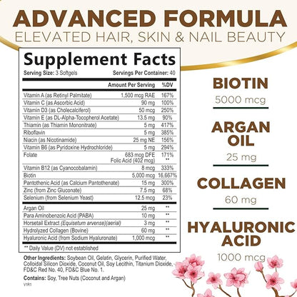 Hair Vitamins Women, Ultra Strength 5000mcg Biotin, Collagen, PABA & More - Womens Hair Growth, Skin, Nails & Keratin Support Supplement, Infused w/ Argan Oil & Hyaluronic Acid, Non-GMO - 120 Softgels